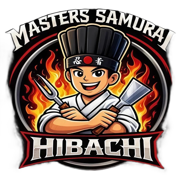 Masters Samurai Hibachi logo: a smiling chef in a tall black hat holding a fork and spatula in front of flames
